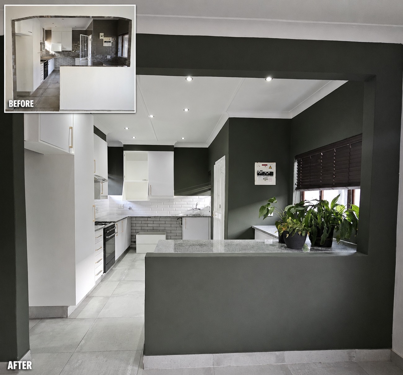 Modern BMK kitchen renovation with before and after insert